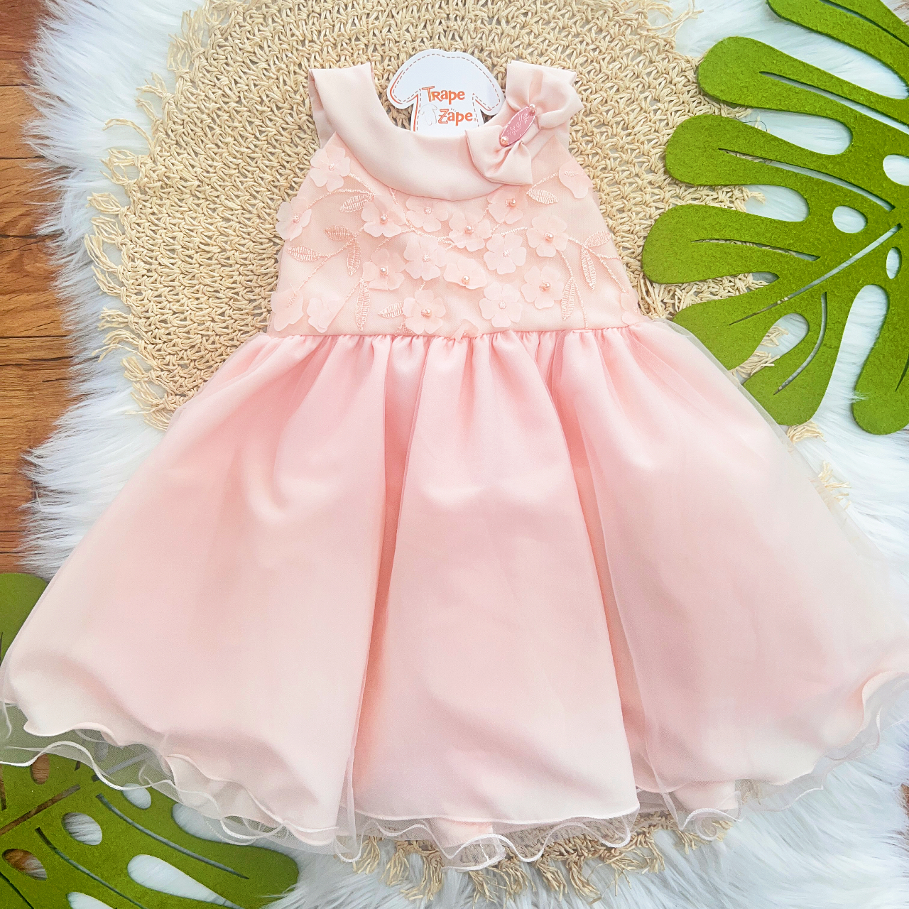 Vestido Flores com Pérolas e Ramos Bordados - Rose